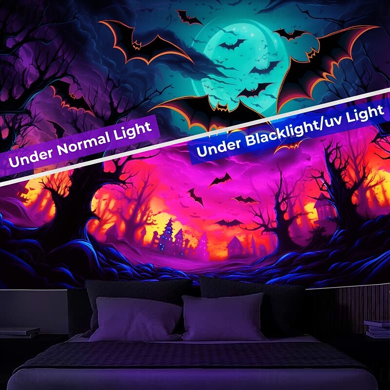 Halloween Decorations Blacklight Tapestry UV Reactive Glow in the Dark Glow Party Skeleton Cuffin Psychedelic Trippy Misty Hanging Tapestry Wall Art Mural for Living Room Bedroom3