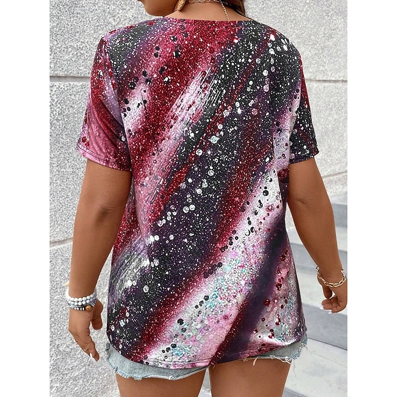 Women's T Shirt Casual Print Short Sleeve Regular Tops V Neck Daily Red Blue Purple Green Spring Fall2