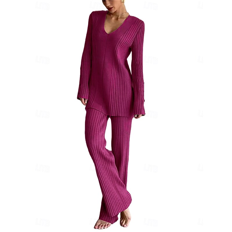 Women's Pajamas Sets Pure Color Fashion Basic Comfort Home Daily Bed Knit Breathable V Wire Long Sleeve Sweater Pant Button Elastic Waist Fall Winter Home Outfits3