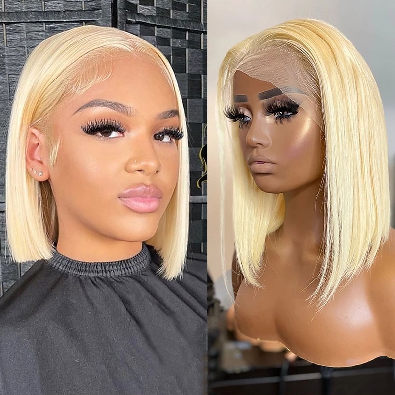 613# Human Hair Short BOBO Wig Golden 13*4 Straight Human Hair 150% Density2