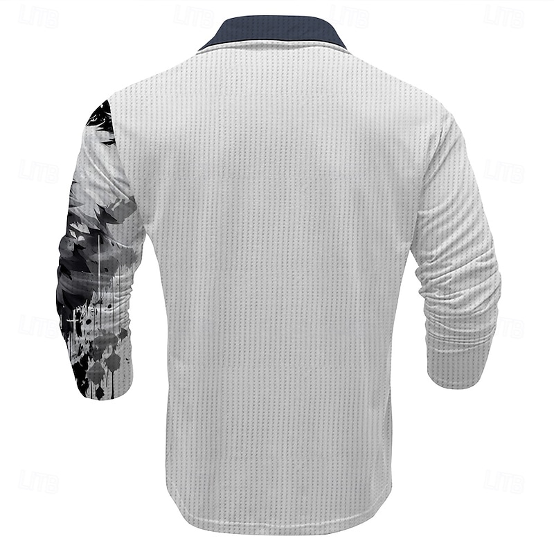 Men's Wolf Waffle Polo Shirts Golf Shirt Long Sleeve Polo Shirts Collared Shirts Casual Funny Vacation Wear Party Outfits Buttons 3D Print Summer White2