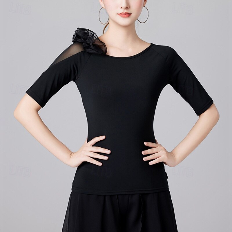Latin Dance Top Pure Color Ruffle Splicing Women's Performance Training Short Sleeve High Polyester