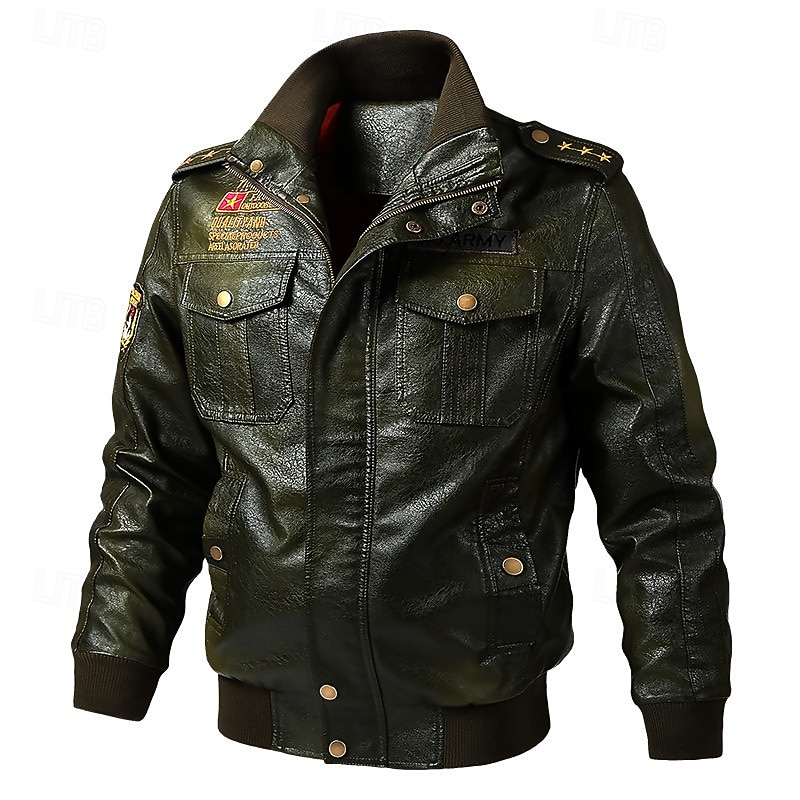 Men's Faux Leather Jacket Bomber Jacket Transition Jacket Biker Jacket Vacation Daily Windproof Warm Pocket Fall & Winter Plain Fashion Classic Stand Collar Regular Faux Leather Black Green Coffee