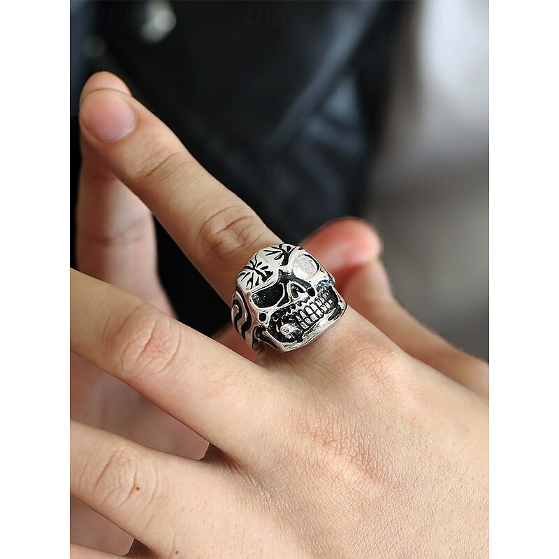 Men's Skull Rings with Red Gemstone Eyes and Intricate Carvings - Gothic Punk Jewelry for Halloween and Biker Style3