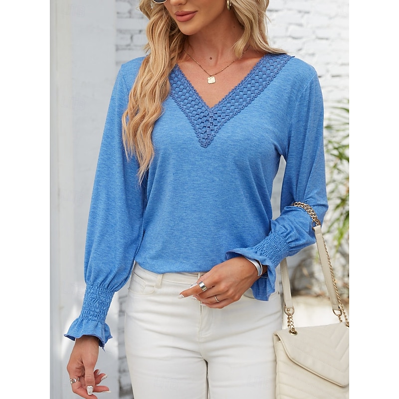 Women's Tunic Elegant Solid Color Lace Butterfly Sleeve Long Sleeve Regular Tops V Neck Daily Pink Blue Green Khaki Spring Fall3