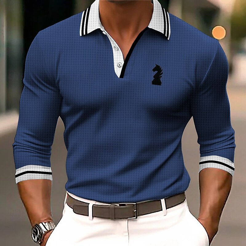 Men's Striped Waffle Polo Shirts Golf Shirt Long Sleeve Polo Shirts Collared Shirts Business Casual WorkWear Formal Wear Festival Wear Buttons 3D Print Spring & Summer Black Blue Orange2