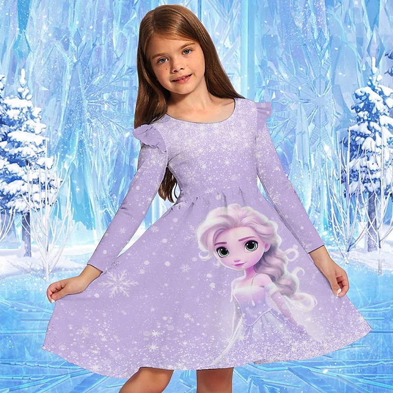 Girls' 3D Graphic Cartoon Snowflake Dress Snowflake Dress Ruffle Dress Long Sleeve Summer Spring Vacation Daily Holiday Beautiful Sweet Kids 4-12 Years Party Dress A Line Dress Knee-length Regular Fit4