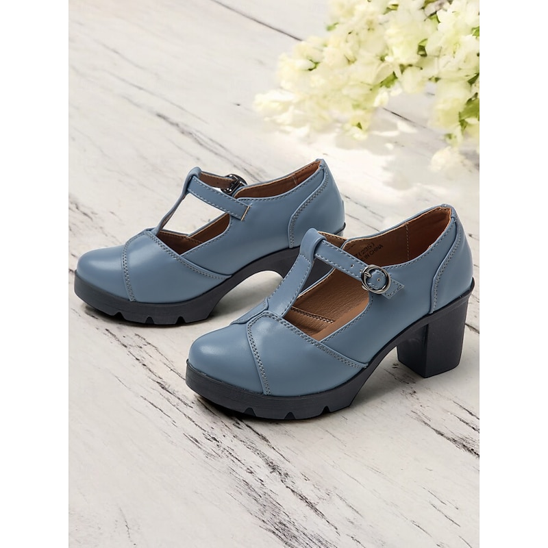 Women's Blue Mary Jane Chunky Heel Shoes - Retro T-Strap Design for Office and Casual Wear