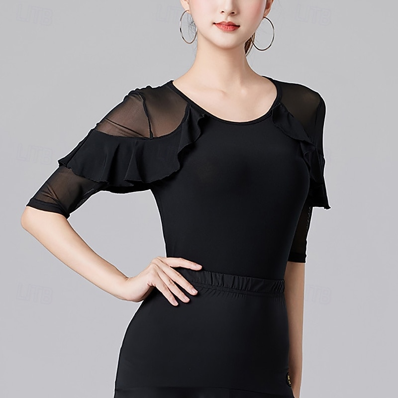 Latin Dance Top Ruffles Pure Color Splicing Women's Performance Training Half Sleeve High Polyester3
