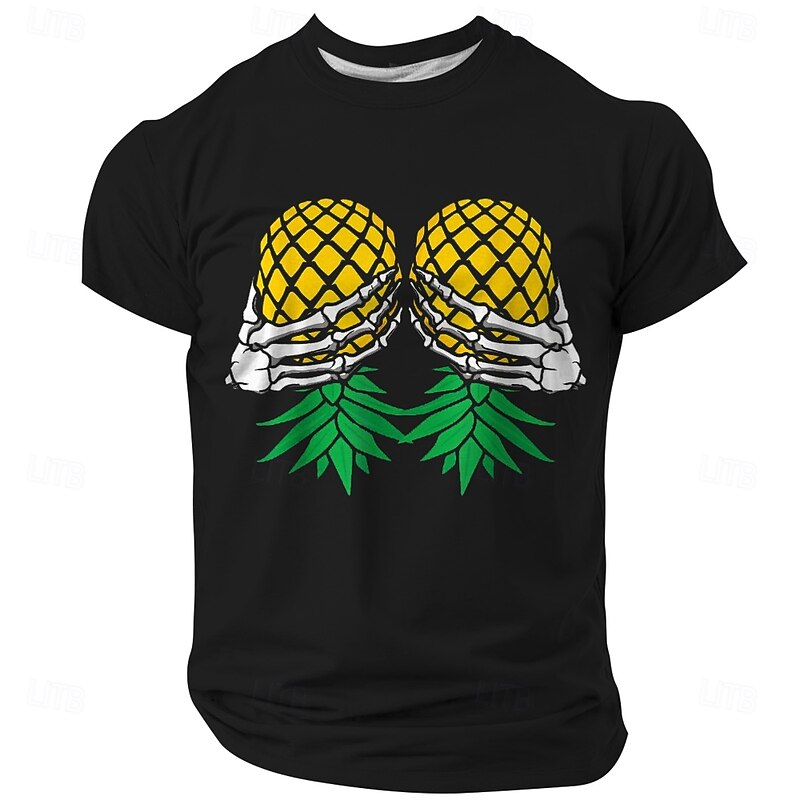 Men's Funny Graphic T-Shirt, Pineapple Bra Skeleton Hands Design, Risque Party Short Sleeve Tee