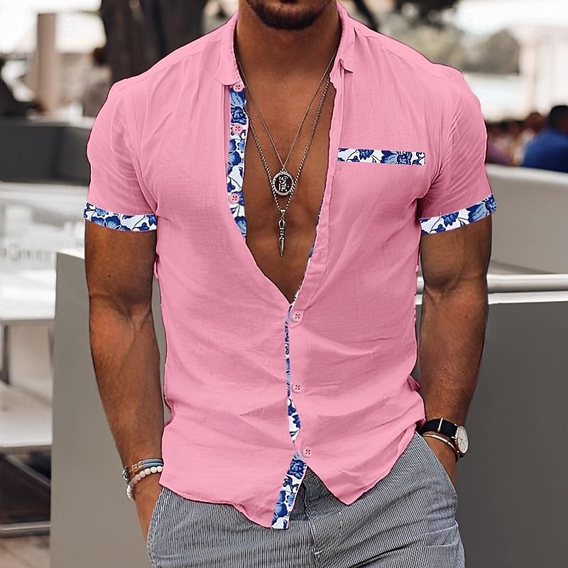 Men's Shirt Linen Shirt Summer Shirt Beach Wear Casual Shirt Button Up Shirt Color Block Vacation Curise Black White Pink Navy Blue Short Sleeve Lapel Summer Clothing Apparel Patchwork2