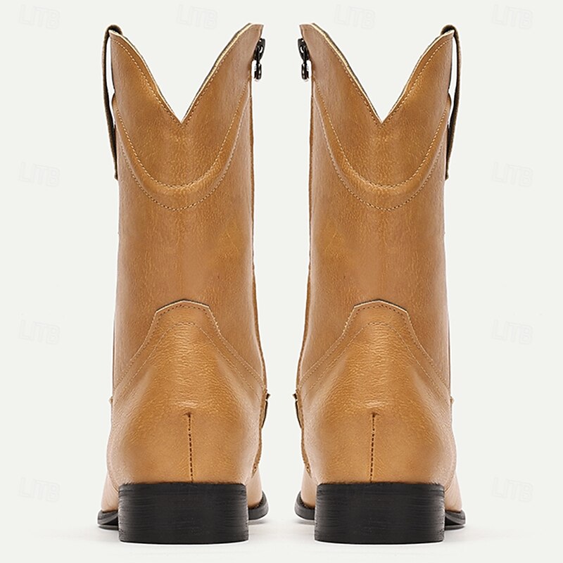 Men's Tan Faux Leather Western Cowboy Boots - Vintage Style with Durable Sole for Outdoor and Casual Wear4