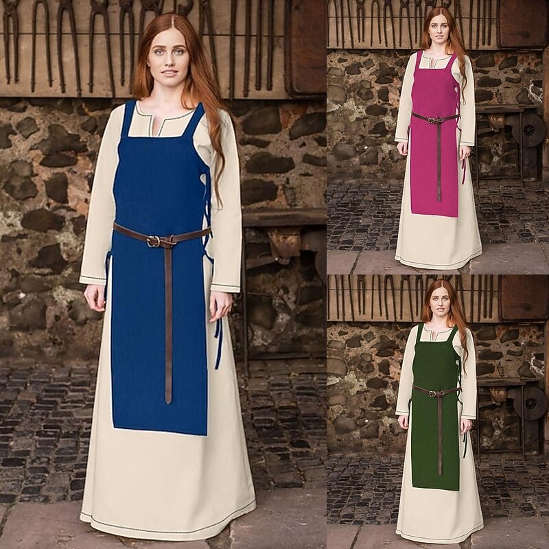 Women's Medieval Viking Apron Overdress with Laced Back Tunic Dress Set 2 PCS Outfits for LARP Ren Faire Renaissance Fair Party Carnival Halloween Dress (Without Belt)2