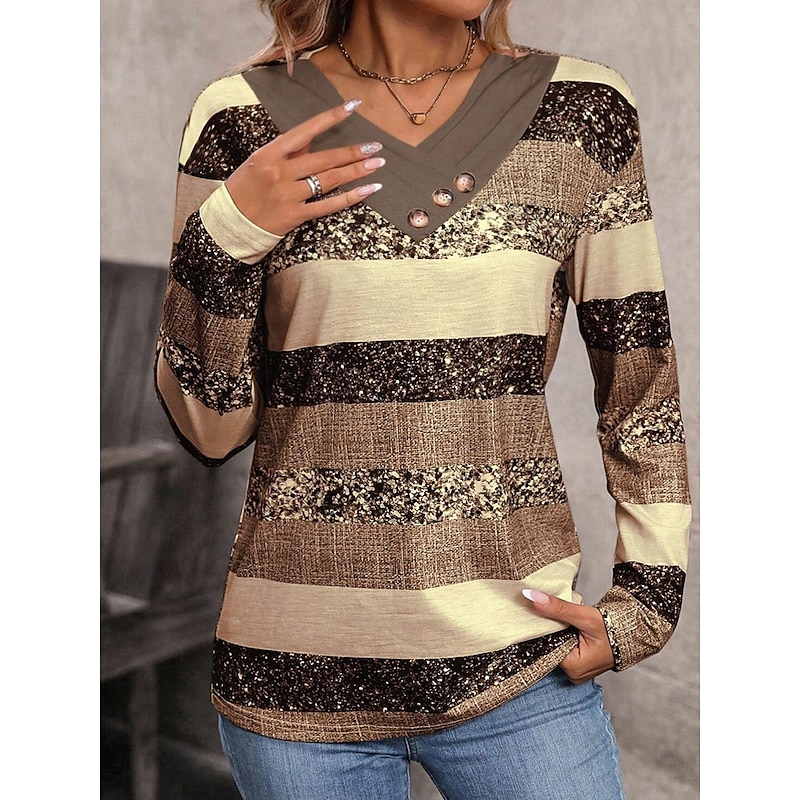 Women's Tunic Stylish Casual Print Long Sleeve Regular Tops V Neck Daily Light Brown Spring Fall3