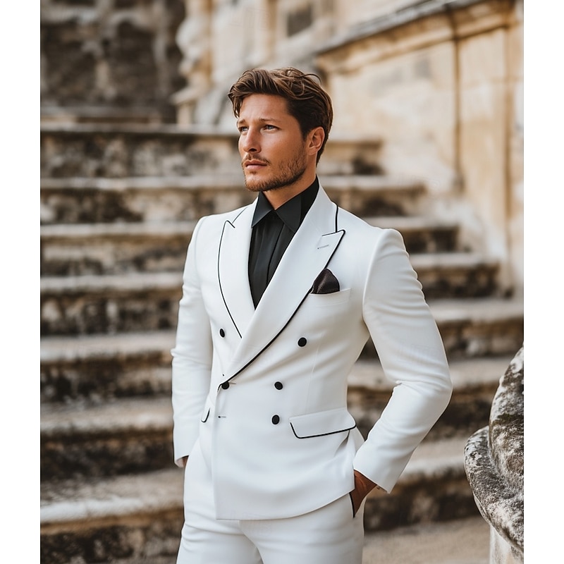 Men's Wedding Party Evening Wear Suits Peaked Lapel White Fashion Business Solid Colored Tailored Fit 2 Piece Double Breasted Six-buttons2