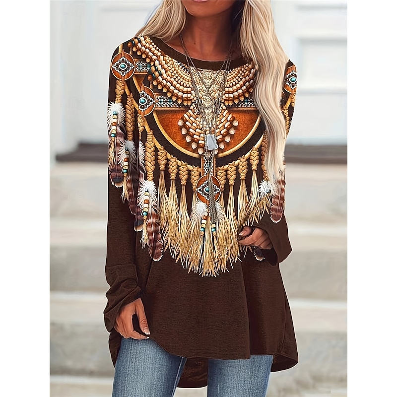 Women's T Shirt Vintage Ethnic Print Long Sleeve Regular Tops Crew Neck Vacation Brown Spring Fall