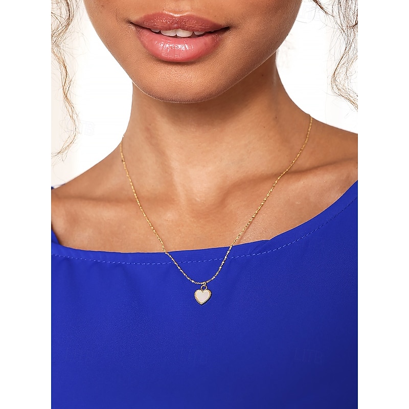 Women's Titanium Steel Heart Pendant Necklace with Shell Inlay - Adjustable Chain - Lightweight