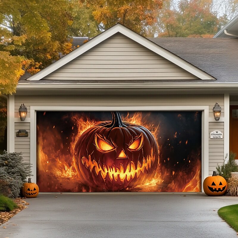 Halloween Door Decorations Outdoor Halloween Garage Door Cover Jack O Lantern Banner Pumpkin Skeleton Outside Large Backdrop Decoration for Holiday Outdoor Garage Door Home Wall Decorations