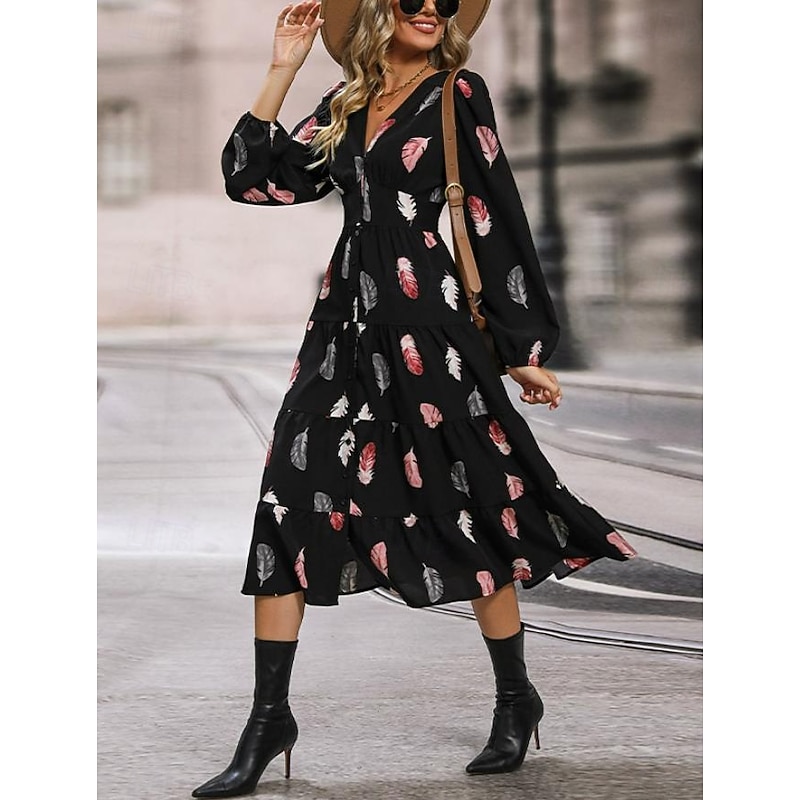 Women's Feather Print V Neck Midi Dress 3/4 Length Sleeve Spring Fall3