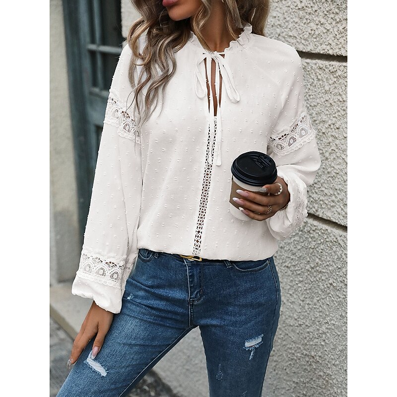Women's White Elegant Lace Tops Eyelet Blouse Casual Solid Color Tie Front Lace Long Sleeve Regular Tops Notched Neck Daily White Romantic Petite Tops Summer Holiday Wear Semi Formal Blouses4
