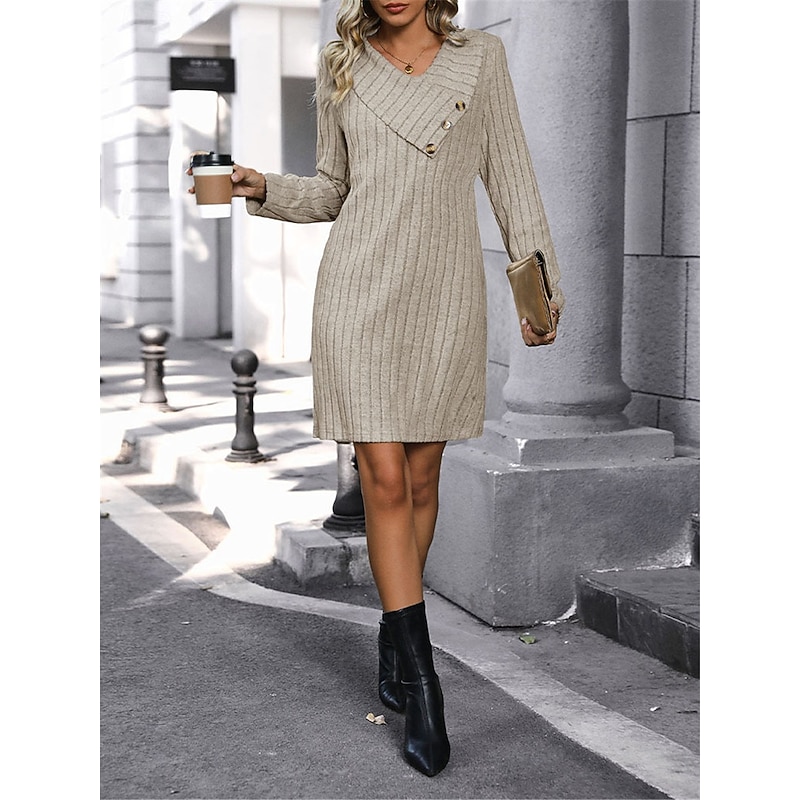 Women's Mini Dress Sweater Dress Casual Dress Plain Dress Basic Casual Flared Vacation Street Regular Fit Long Sleeve V Neck Apricot Fall Winter 5