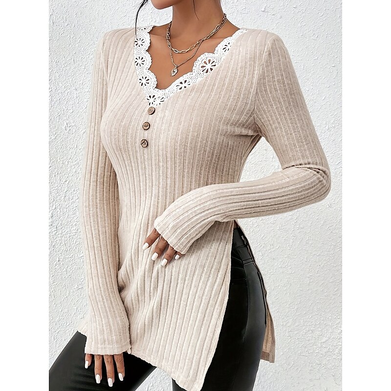 Women's White Elegant Lace Tops Eyelet Blouse Stylish Modern Solid Color Lace Long Sleeve Long Tops V Neck Work Daily Romantic Petite Tops Summer Holiday Wear White Spring Fall3