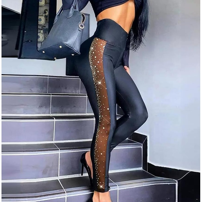 Women's Normal Tights Cozy Leggings Fashion Stylish Full Length High Rise Plain Sequins Mesh Micro-elastic Street Casual Daily Black Summer Spring Fall Winter Slim - Main Image
