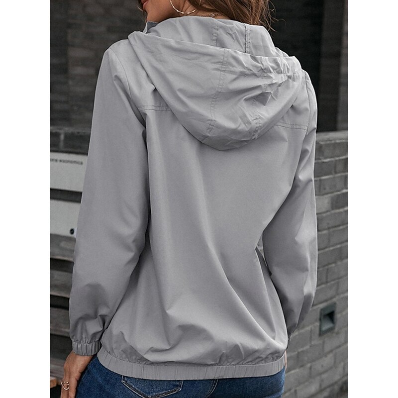 Women's Casual Jacket Outdoor Zipper Solid Color Waterproof Fashion Regular Fit Outerwear Long Sleeve Fall Black S2