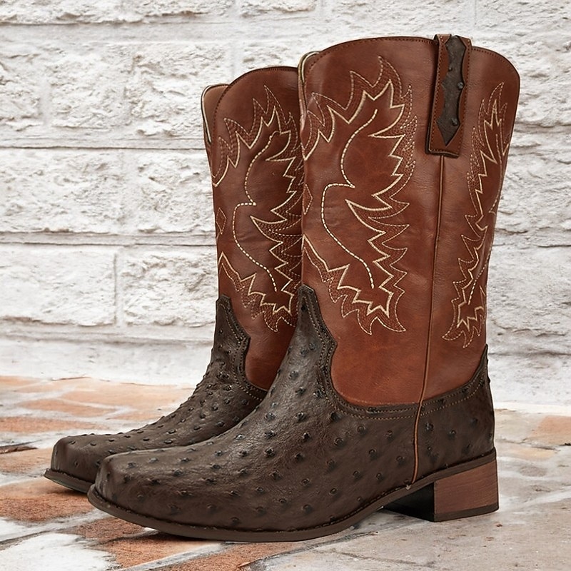 Men's Western Cowboy Boots with Orange Ostrich Leather and Dark Brown Embroidered Upper - Vintage Style for Rodeo and Casual Wear