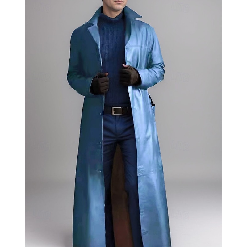 Men's Faux Leather Jacket Transition Jacket Trench Coat Long Trench Coat Vacation Daily Fall & Winter PU Leather Thermal Warm Windproof Outerwear Clothing Apparel Fashion Classic Plain Pocket Lapel4