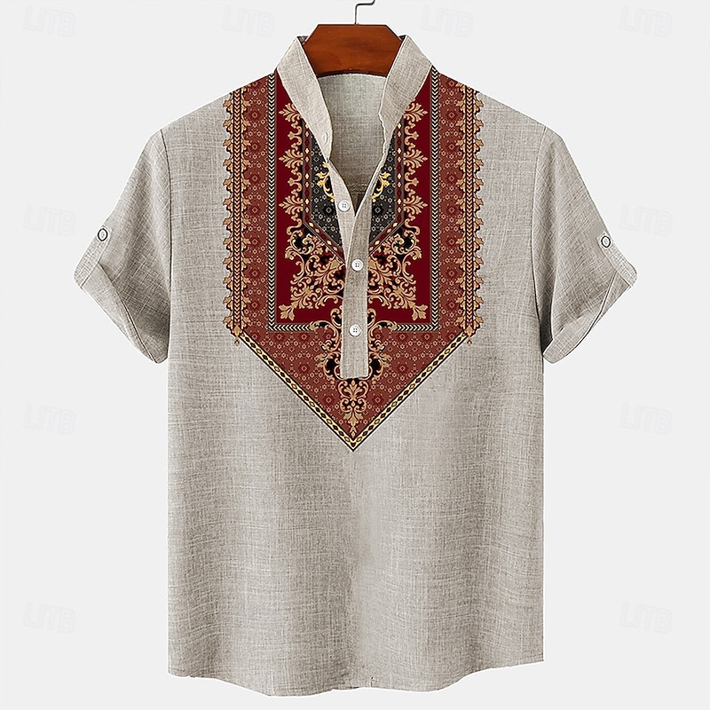 Men's Linen Shirt Henley Shirt Retro Shirts Vintage Shirt Ethnic Shirt Ethnic Vacation Dailywear Green Khaki Gray Short Sleeve Mandarin Collar Summer Spring Clothing Apparel Buttons