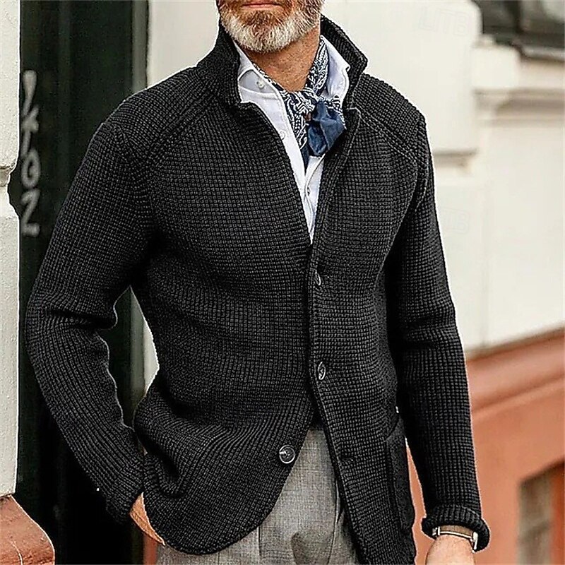 Men's Cardigan Sweater Dress Sweater Cropped  Sweater Knit Sweater Ribbed Knit Regular Button Up Pocket Plain Stand Collar Fashion Classic Daily Wear Date Clothing Apparel Fall & Winter Wine Red Black2