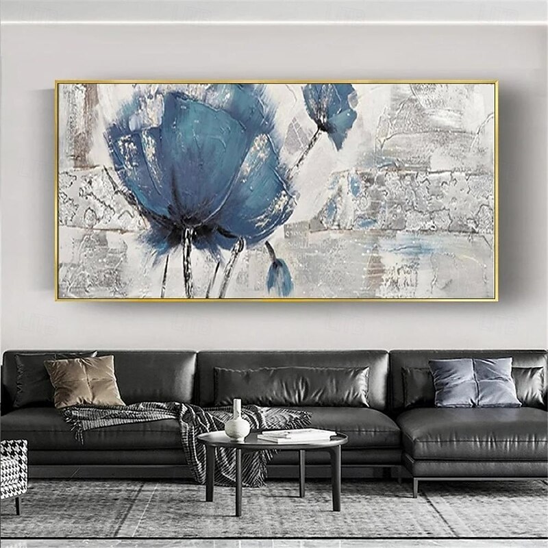 Handmade Oil Painting Canvas Wall Art Decoration Modern Abstract Texture Big Blue Rose Flower for Living Room Home Decor Rolled Frameless Unstretched Painting4