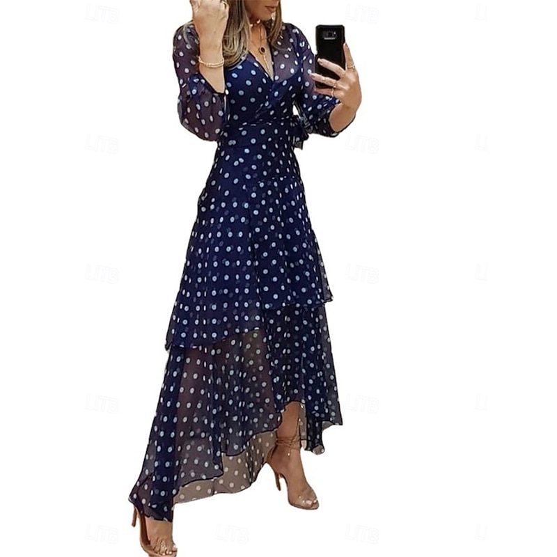 Women's Long Dress Maxi Dress Casual Dress Cocktail Dress Wedding Guest Dress Chiffon Dress Stylish Casual Vacation Daily Date Regular Fit Polka Dot 3/4 Length Sleeve V Neck Dark Blue Fall3