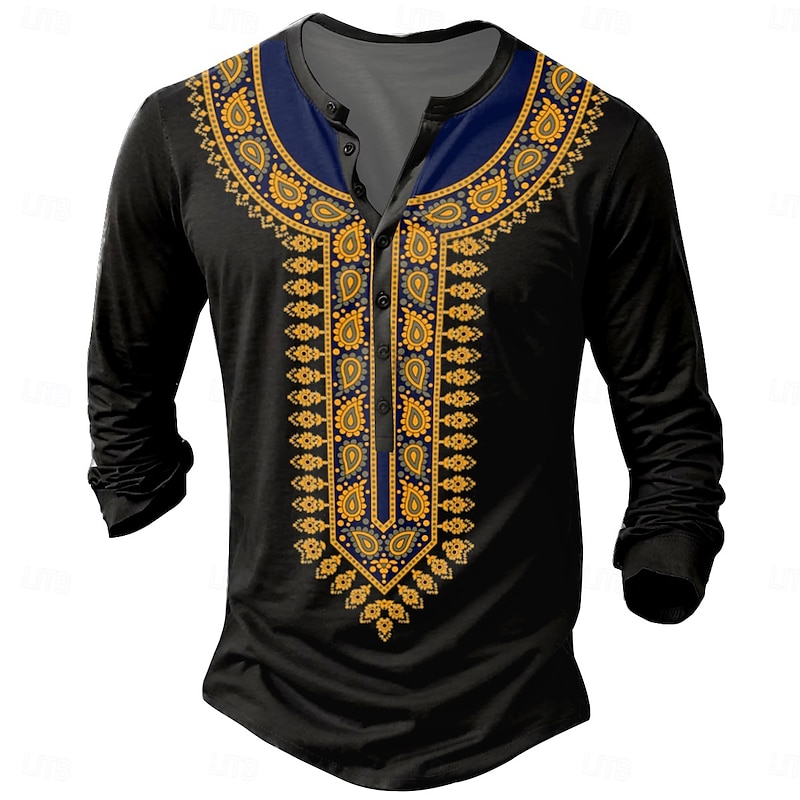 Men's Boho / Paisley / Damask T shirt Long Sleeve 3D Print Vintage Daily Summer Spring Fall Black Henley Collar Henley T-Shirt