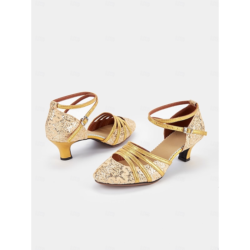 Golden Sparkle Women's Latin Dance Shoes with Lace and Cross Straps - Elegant Ballroom Performance Footwear4