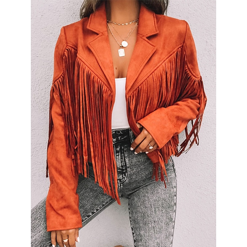 Women's Casual Jacket Dailywear Tassel Solid Color Windproof Vintage Regular Fit Outerwear Long Sleeve Summer Maroon S