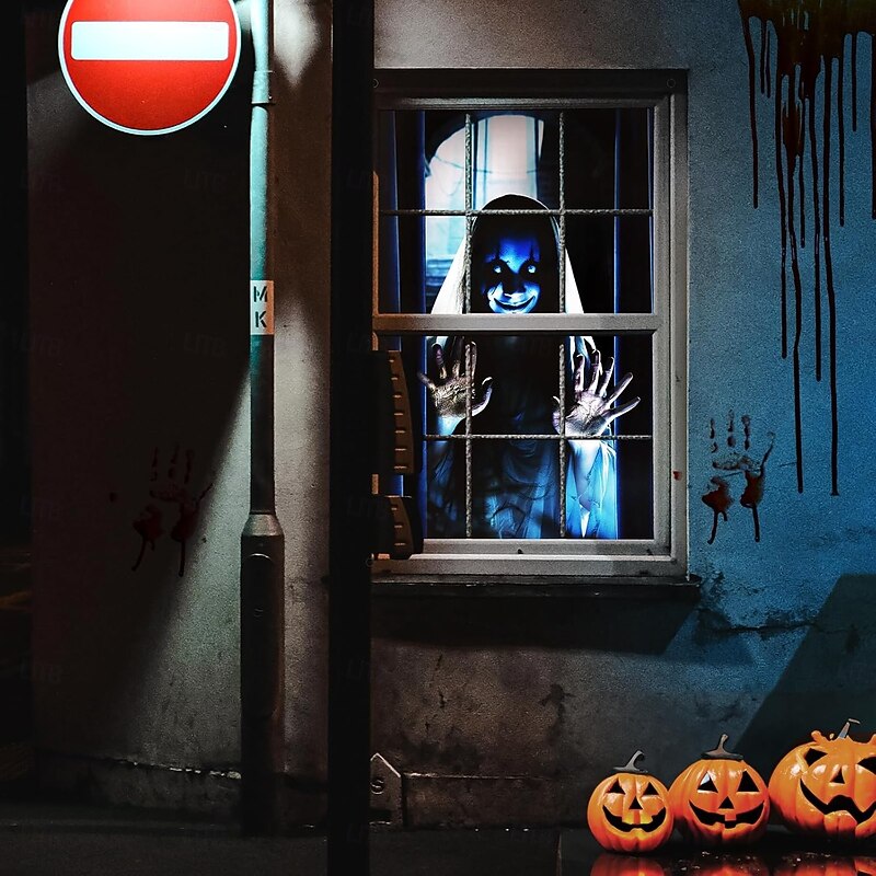 Halloween Window Cover Decorations, Fabric Bloody Hand Creepy Halloween Curtain Horror Movie Poster Window Door Covering Decor for Haunted House, Scary Halloween Window Clings Decals Indoor Outdoor4