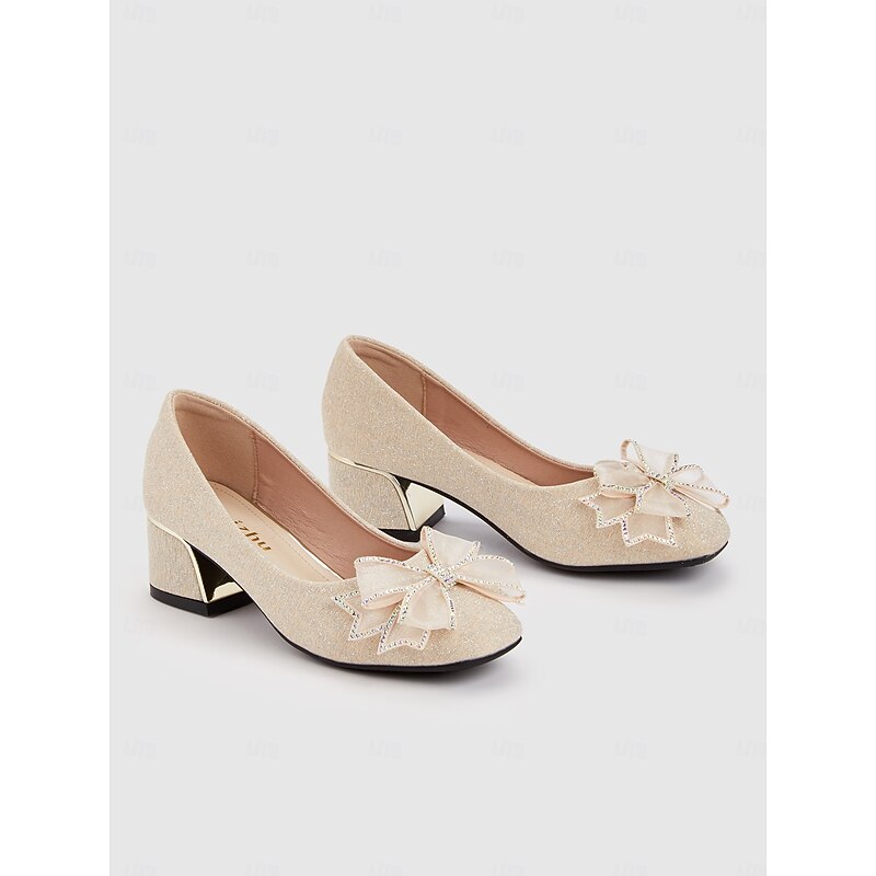 Women's Gold Glitter Block Heel Pumps with Bow Decoration - Elegant Party and Evening Shoes2