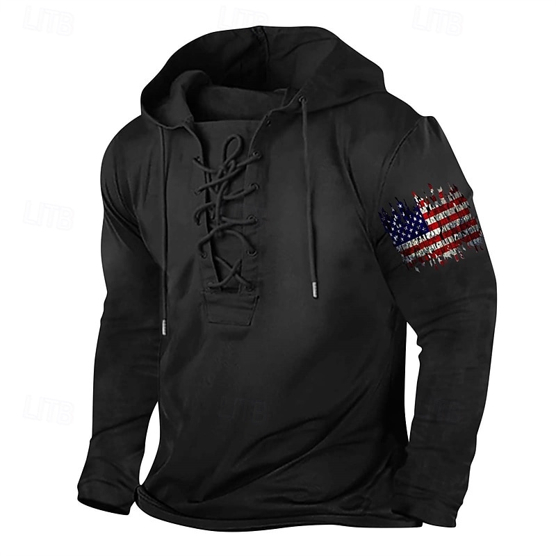 Men's Hoodie Red & Black Black+ Army Green Black Red Hooded American US Flag Drawstring Sports & Outdoor Daily Holiday Streetwear Basic Casual Spring &  Fall Clothing Apparel Hoodies Sweatshirts3