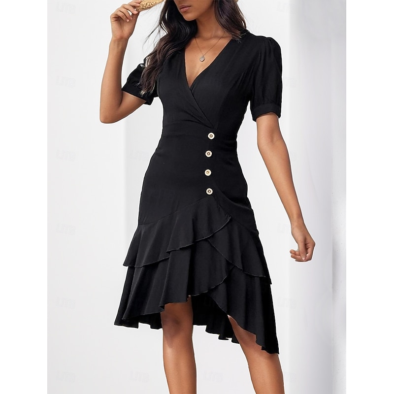 Women's Mini Dress Black Dress Cocktail Dress Formal Dress Formal Work Date Regular Fit Plain Short Sleeve V Neck Black Summer