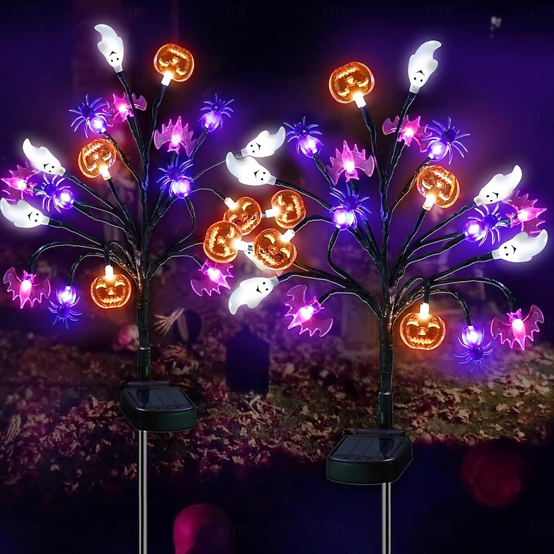 1/2PCS Solar 3D Pumpkin Bat Ghost Spider Halloween Pathway Lights Solar Halloween Decorations Outdoor Lawn Lights 20LEDs Waterproof Yard Patio Path Grave Halloween Decoration light