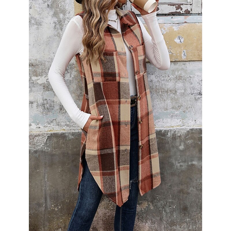 Women's Vest Outdoor Street Daily Wear Fall Winter Long Coat Regular Fit Thermal Warm Breathable Stylish Casual Jacket Sleeveless Stripes and Plaid with Pockets Coffee4