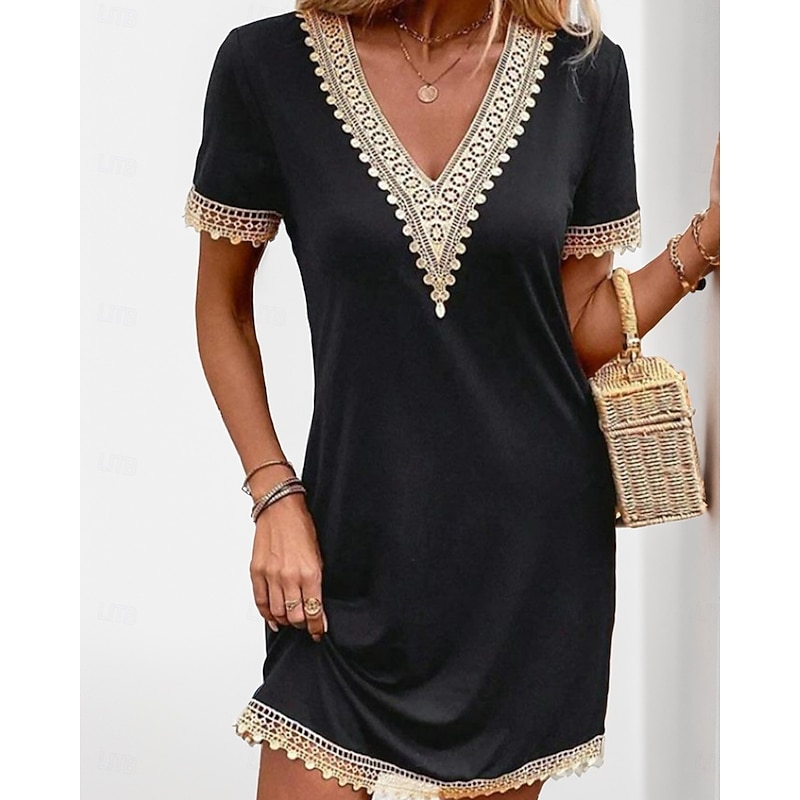 Women's Casual Dress V-neck Short Sleeve Crochet Lace Trim Solid Black Knee-length Versatile Summer Fashion Comfortable Fit Various Sizes