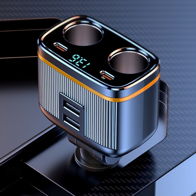 Car Chargers 145W High Power Charging Adapter 2-Socket Power Splitter 12-24V with PD Type-C USB Ports LED Voltage Display for Car Truck SUV