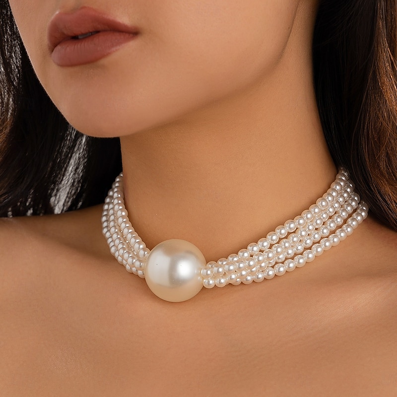 Women's Statement Pearl Choker Necklace - Multi-Strand Faux Pearl Collar with Oversized Bead, Vintage-Inspired Jewelry for Ladies, Ideal for Cocktail Parties and Formal Occasions3