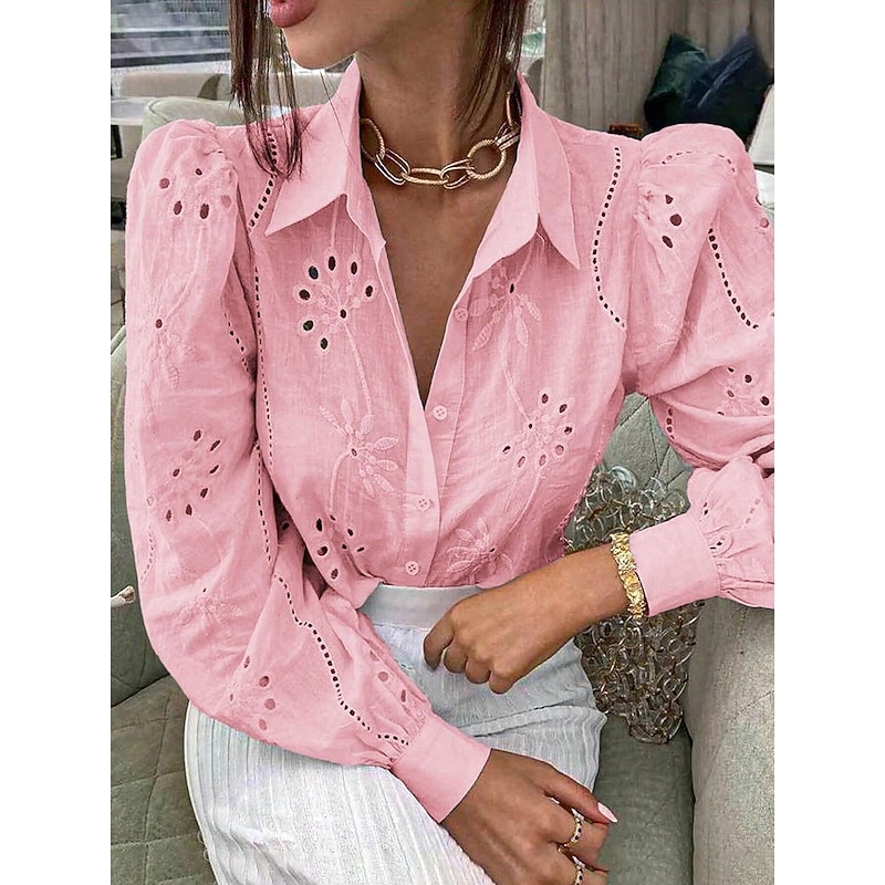 Women's White Elegant Lace Tops Eyelet Blouse Casual Solid Color Lace Lantern Sleeve Long Sleeve Regular Tops Shirt Collar Daily Romantic Petite Tops Summer Holiday Wear White Pink Green Spring Fall