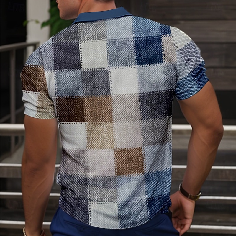 Men's Plaid Golf Shirt Short Sleeve Polo Shirts Collared Shirts Vintage Casual Vacation Wear Formal Wear Festival Wear Buttons 3D Print Summer Blue Sky Blue Claret-red2