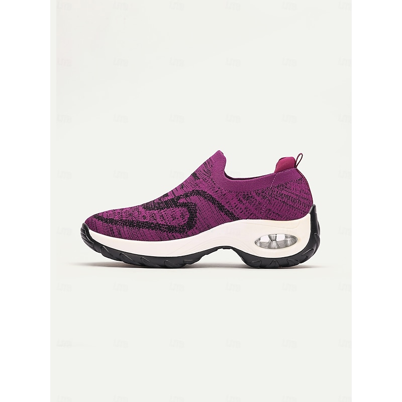 Women's Purple Knit Slip-On Sneakers with Air Cushion Sole for Walking and Casual Wear