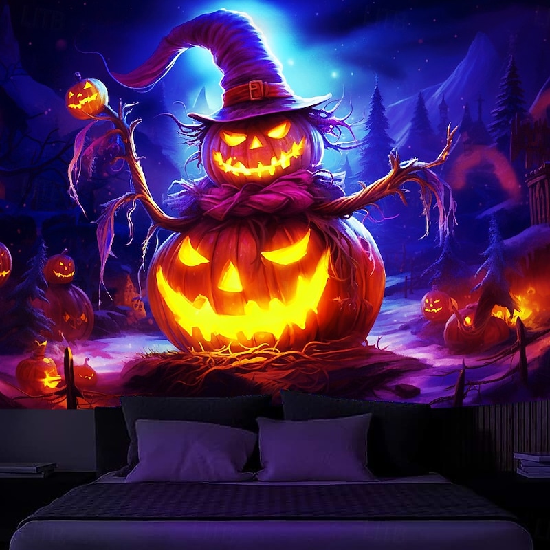 Halloween Decorations Blacklight Tapestry Jack O Lantern UV Reactive Glow in the Dark Glow Party Psychedelic Trippy Misty Hanging Tapestry Wall Art Mural for Living Room Bedroom